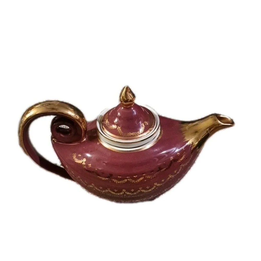Vtg Hall Aladdin Teapot Gold Swag Maroon/Gold W/tea Strainer 6 Cup  Made USA
